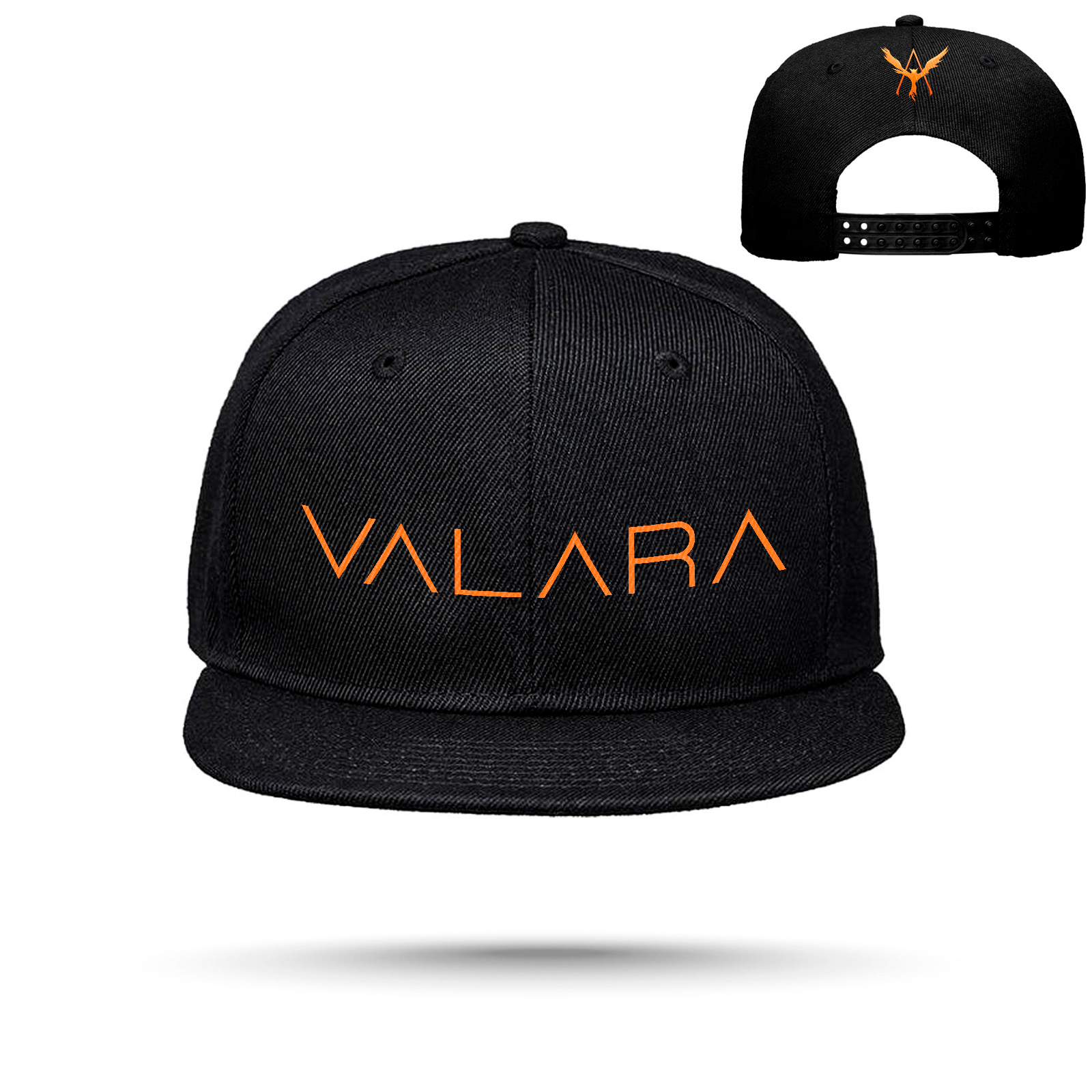 Valara- Lippis, teksti edessä, logo takana